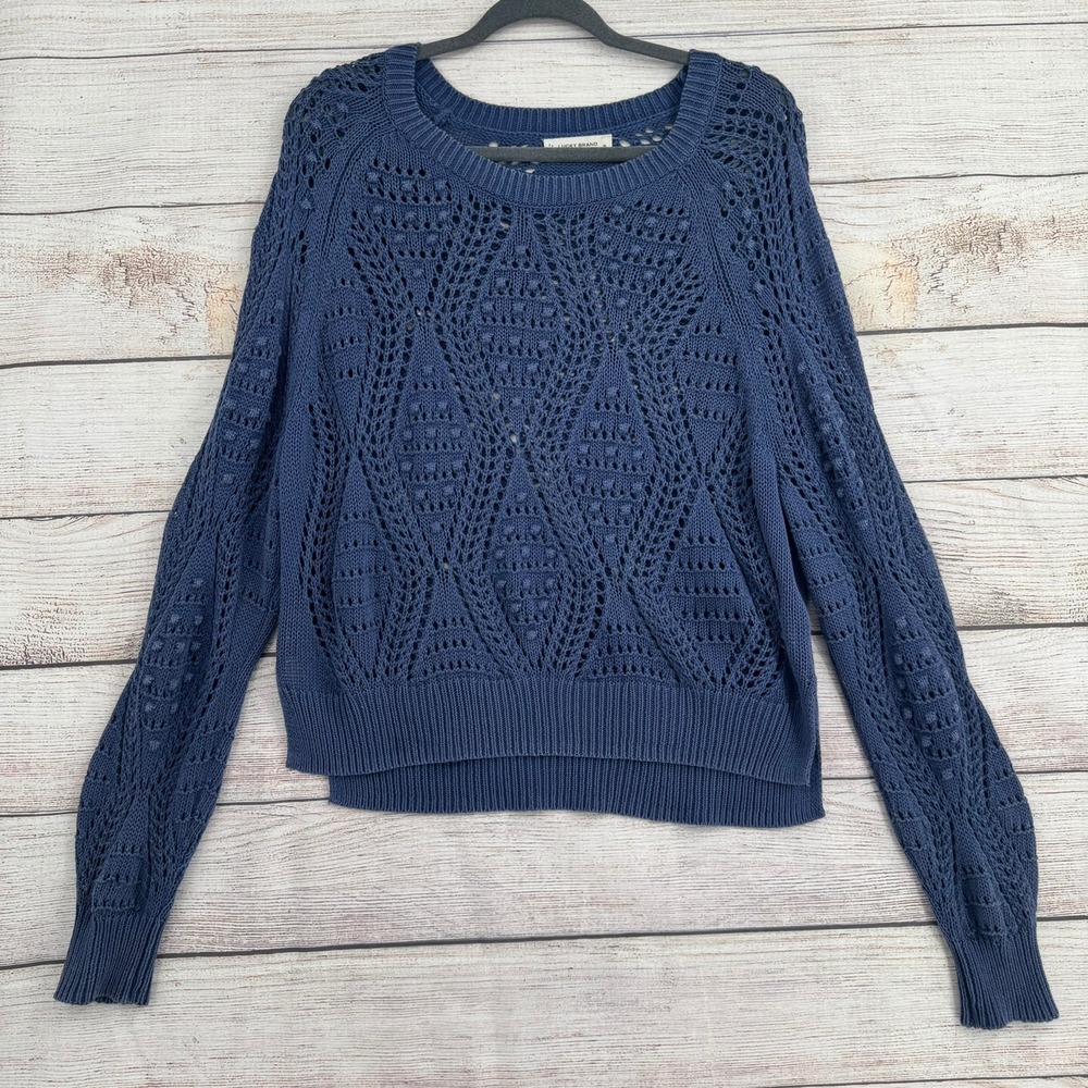 Lucky Brand Sweater Women M Blue Pointelle Open Knit Cotton 7W52607